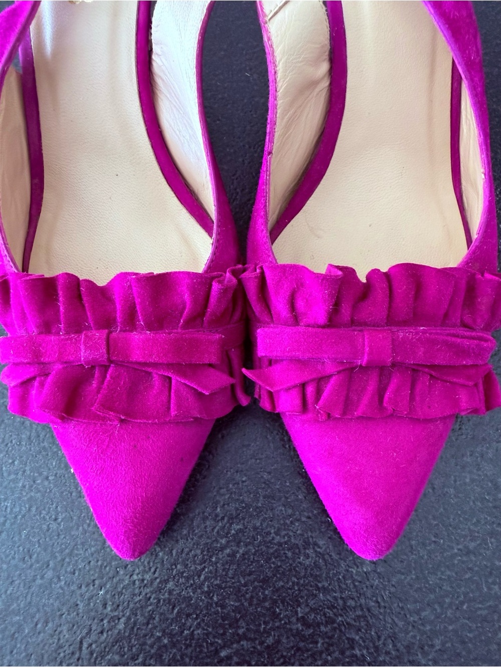 Elia B London “Jennifer” Fuchsia Suede Slingback Heels w/ Ruffle Accent-Size 41